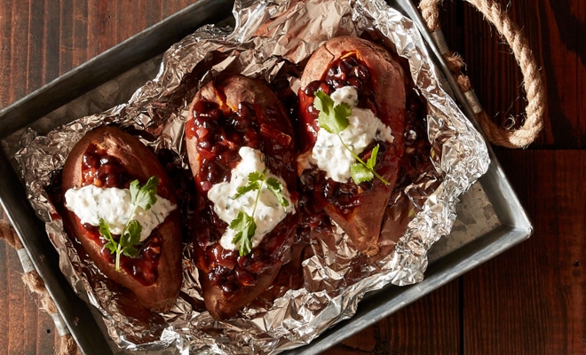 
Grilled Sweet Potatoes with BBQ Baked Beans and Cilantro Cream
